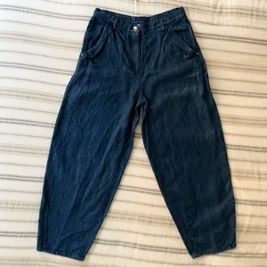 POETRY Linen Barrel Tapered Pant in Blue Denim Color
